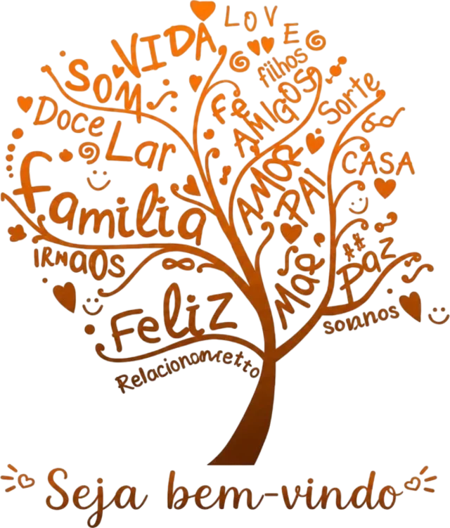 Árvore ilustrada com palavras como família, amor, fé e paz, e a frase Seja bem-vindo